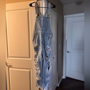 Women's Light Blue Distressed Denim Overalls